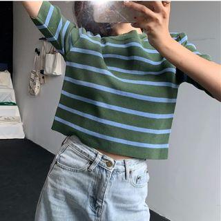 Elbow-sleeve Striped T-shirt Green - One Size