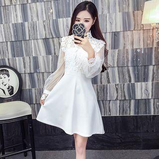 Crochet Lace Panel Balloon-sleeve A-line Dress