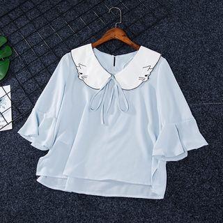 Cat Embroidered Striped Chiffon Blouse