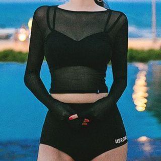 Set: Long-sleeve Lettering Swim Top + Lettering Swim Bottom