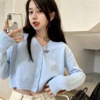 V-neck Plain Cropped Knit Cardigan Sweater - One Size