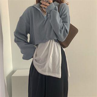 Slit Long-sleeve T-shirt / Cropped Pullover / Wide-leg Dress Pants