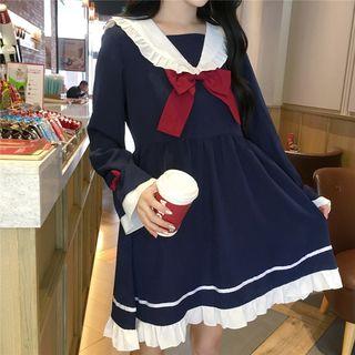 Long-sleeve Sailor A-line Dress Blue - One Size