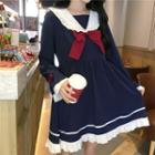 Long-sleeve Sailor A-line Dress Blue - One Size