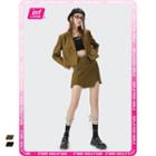 Double-breasted Crop Shirt / Tie-waist Reflective Mini Skirt