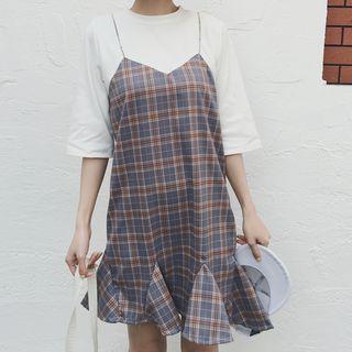 Mock Two Piece Plaid Panel Elbow Sleeve Dress