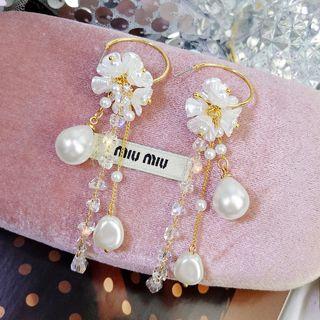 Faux Pearl Fringed Earring 1 Pair - White & Gold - One Size