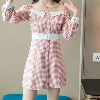 Off-shoulder Long-sleeve Gingham Mini A-line Dress