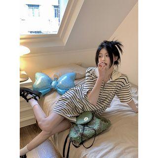 Elbow-sleeve Collar Striped Mini T-shirt Dress Stripe - White - One Size