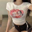 Short-sleeve Cartoon Print Drawstring Cropped T-shirt