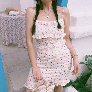 Spaghetti Strap Floral Print Frill Trim Mini Dress