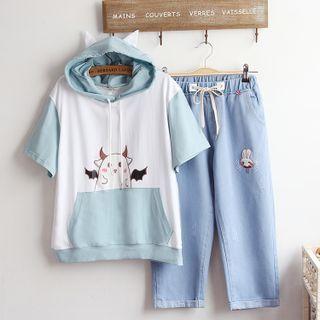 Short-sleeve Print Hoodie / Wide-leg Jeans / Set