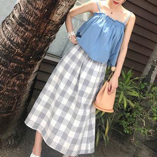 Set: Spaghetti Strap Top + Plaid A-line Midi Skirt