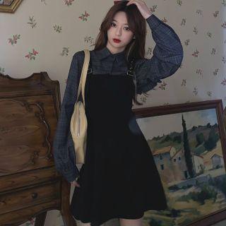 Long-sleeve Ruffle Trim Plaid Crop Shirt / Spaghetti Strap Plain Mini A-line Dress