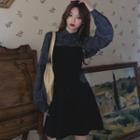 Long-sleeve Ruffle Trim Plaid Crop Shirt / Spaghetti Strap Plain Mini A-line Dress