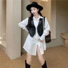 Faux Leather Vest / Long-sleeve Shirt Dress / Set