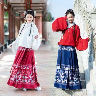 Embroidered Wide-sleeve Wrap Top / Printed A-line Maxi Skirt