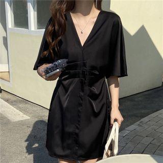 Short-sleeve V-neck Plain Satin Dress