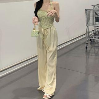 Mesh Trim Lace Camisole Top / High Waist Wide Leg Pants