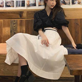 Set: Puff-sleeve Cropped Blouse + Midi A-line Skirt