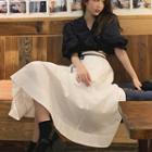 Set: Puff-sleeve Cropped Blouse + Midi A-line Skirt