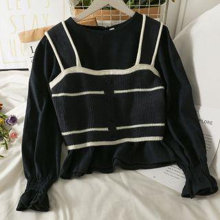 Set: Striped Knit Vest + Crew-neck Loose Blouse