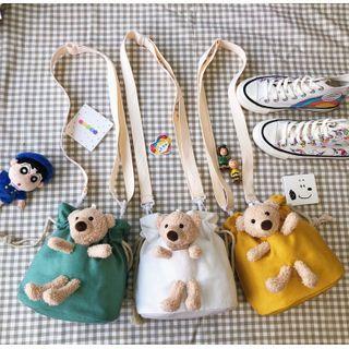 Bear Brooch Canvas Drawstring Bucket Bag
