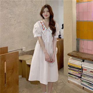 Puff-sleeve Floral Embroidered Dress White - One Size