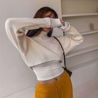 High-neck Cropped Ribbed Knit Top