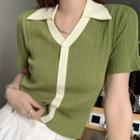 Short-sleeve Collar Contrast Trim T-shirt Green - One Size