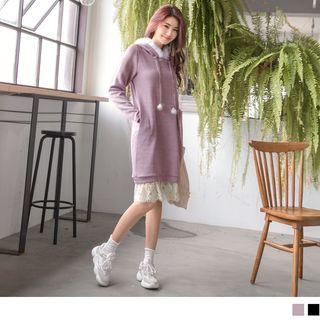 Furry Trim Hooded Lace Hem Panel Dress