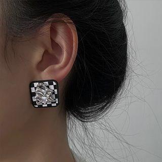 Rhinestone Checkerboard Ear Stud 1 Pr - Black & Whtie - One Size
