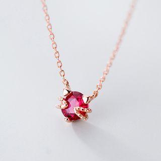 925 Sterling Silver Rhinestone Cat Pendant Necklace Red - One Size