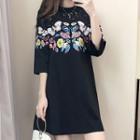 Lace Panel Butterfly Print 3/4 Sleeve Dress