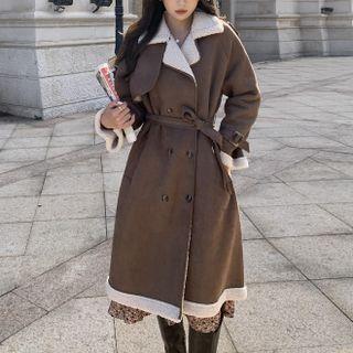Faux Shearling Trim Double-breasted Midi Coat