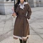 Faux Shearling Trim Double-breasted Midi Coat