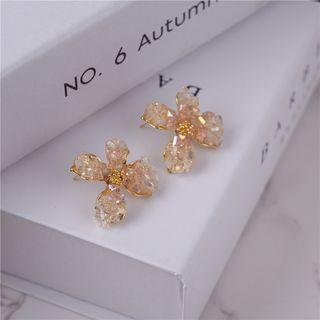 Flower Rhinestone Earring 1 Pair - Stud Earrings - Transparent & Gold - One Size