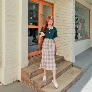 Gingham Linen Blend Midi Skirt