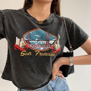 Short-sleeve Vintage Print Cropped T-shirt