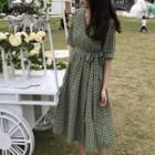 Gingham Elbow-sleeve A-line Midi Dress Gingham - Green - One Size