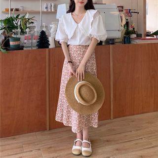 Ruffle Blouse / Floral Midi A-line Skirt