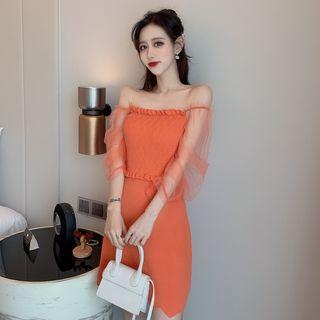 Off-shoulder Mesh-panel Ruffled A-line Dress