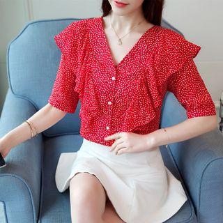 Ruffle Trim V-neck Elbow-sleeve Blouse