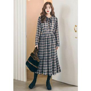 Tie-neck Plaid Gathered Long Shirtdress