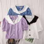 Puff-sleeve Contrast Collar Buttoned Blouse
