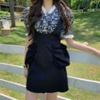 Short-sleeve Frill Trim Floral Printed Blouse / Ruffle Trim Pocket Pinafore Dress