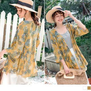 Open-front Printed 3/4-sleeve Top