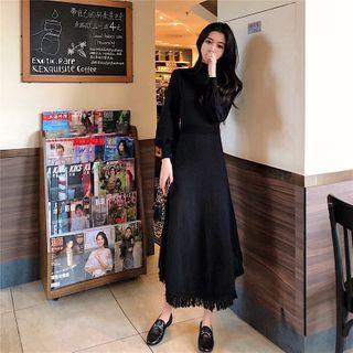 Mock-neck Plain Knit Long-sleeve Dress Black - One Size