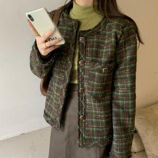 Pocket-detail Plaid Woolen Long-sleeve Jacket