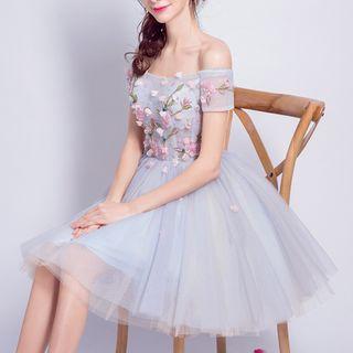 Short-sleeve Off Shoulder Floral A-line Party Dress